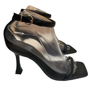 Zara Faux Leather Square Toe Heels 37EU 6.5US Black Strappy Stiletto Ankle Strap
